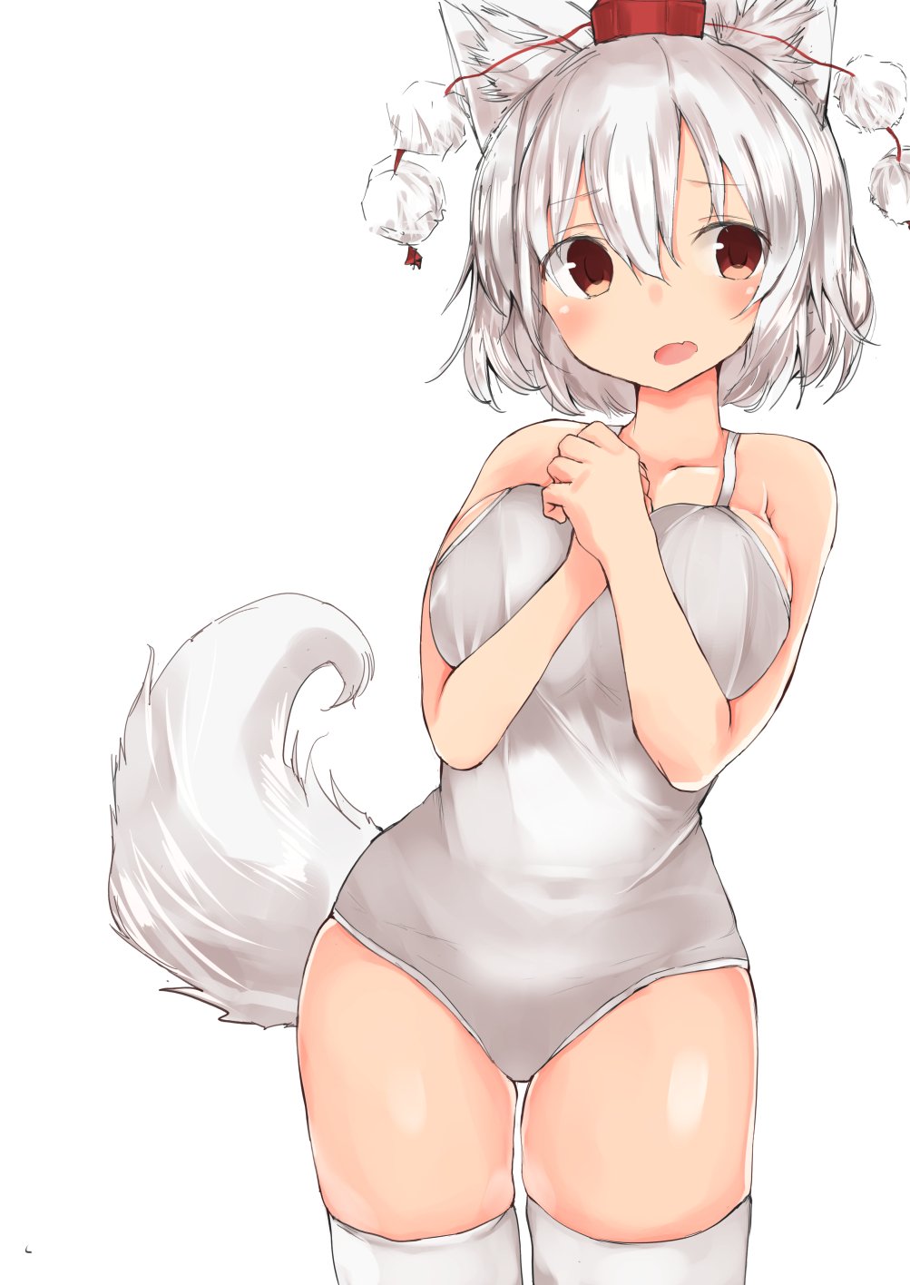 1girl, :d, alternate_costume, animal_ears, bare_arms, bare_shoulders, blush, breast_press