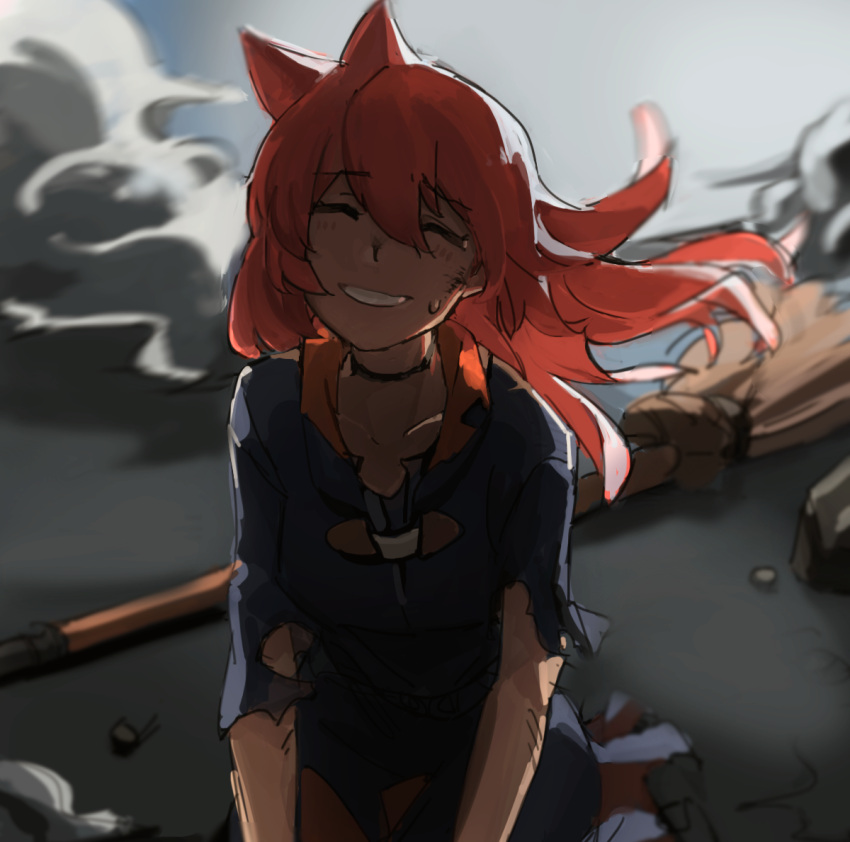 1girl, broom, henpei_saboten, little_witch_academia, redhead, scratches, shiny_chariot, smile, sweatdrop, torn_clothes