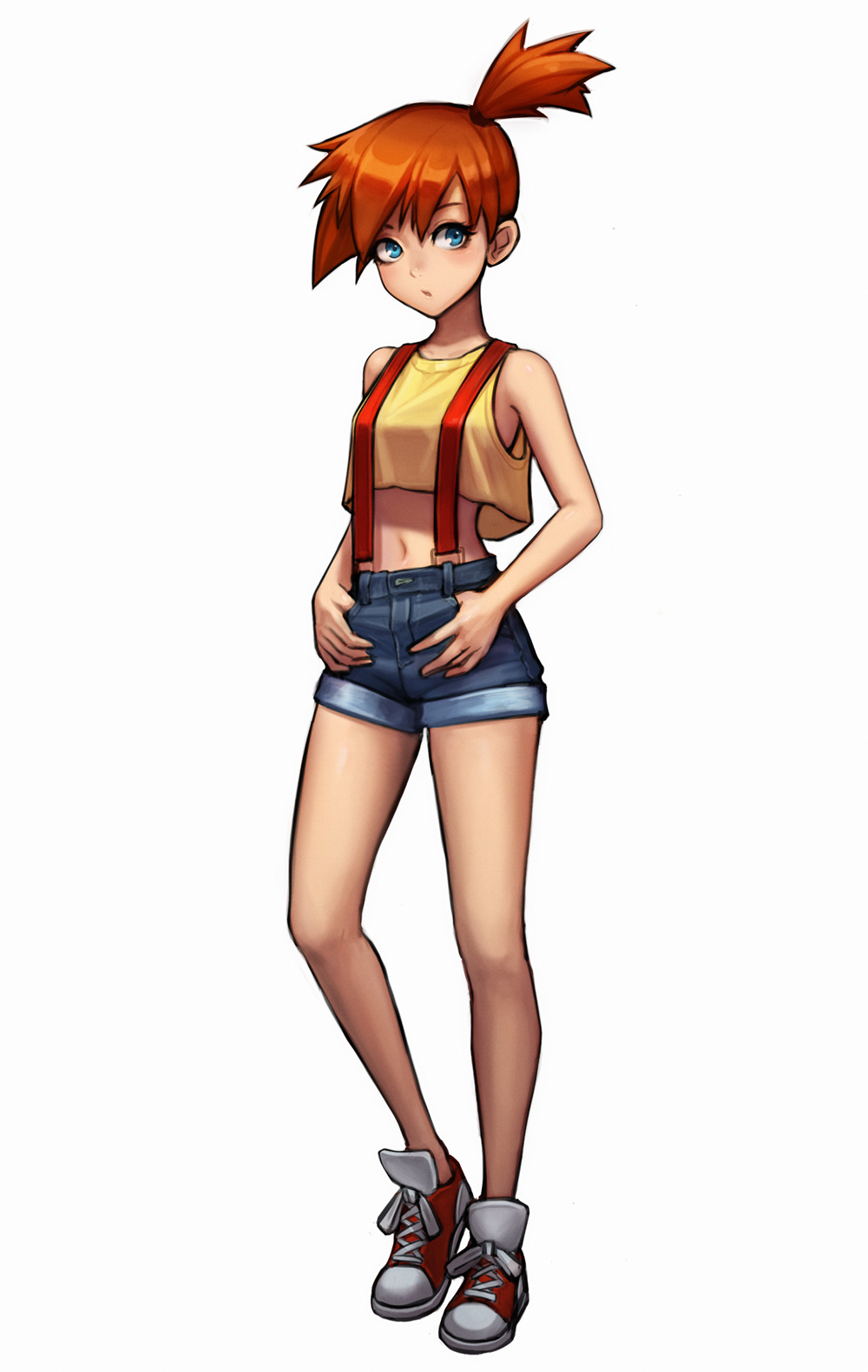1girl, :o, blue_eyes, blue_shorts, breasts, contrapposto, crop_top, crop_top_overhang, denim, denim_shorts, highres, jungon_kim, kasumi_(pokemon), looking_to_the_side, medium_breasts, midriff, navel, orange_hair, pokemon, pokemon_(anime), pokemon_(game), ponytail, shiny, shiny_hair, shiny_skin, shoes, shorts, simple_background, sneakers, solo, standing, standing_on_one_leg, stomach, suspenders, thumbs_in_pockets, white_background, yellow_crop_top