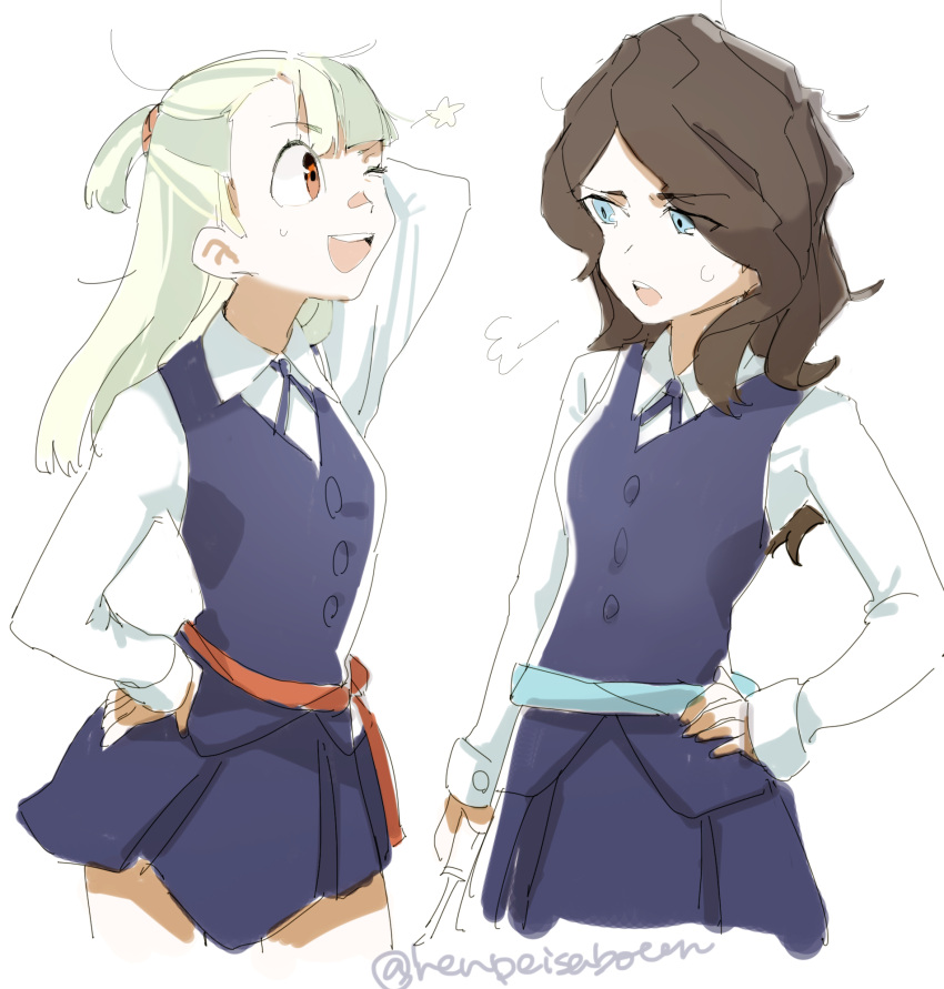 2girls, ;d, =3, alternate_hair_color, alternate_hairstyle, artist_name, blonde_hair, blue_eyes, blue_ribbon, blue_skirt, brown_hair, cowboy_shot, diana_cavendish, eyebrows_visible_through_hair, hairstyle_switch, half_updo, hand_behind_head, hand_on_hip, henpei_saboten, highres, holding, holding_wand, kagari_atsuko, little_witch_academia, long_hair, multiple_girls, neck_ribbon, one_eye_closed, open_mouth, pleated_skirt, red_eyes, ribbon, school_uniform, sigh, simple_background, sketch, skirt, smile, star, twitter_username, wand, white_background