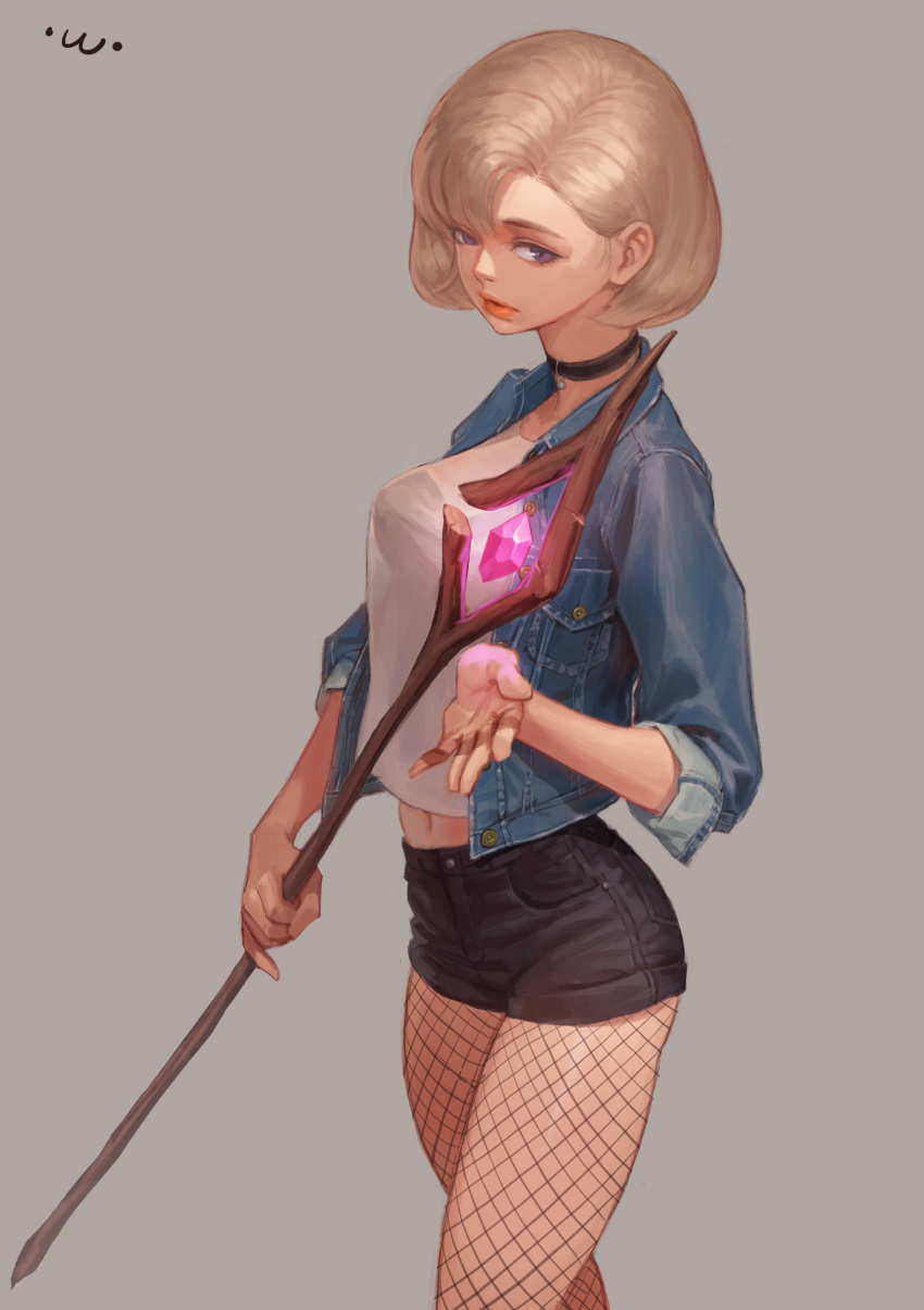 1girl, absurdres, black_choker, black_legwear, black_shorts, blonde_hair, blue_eyes, breasts, choker, crop_top, denim, denim_jacket, fishnet_pantyhose, fishnets, grey_background, highres, holding, holding_staff, jewelry, medium_breasts, original, pantyhose, pendant, red_lips, short_hair, short_shorts, shorts, simple_background, sleeves_folded_up, solo, staff, standing, sung_uk_kim, white_crop_top