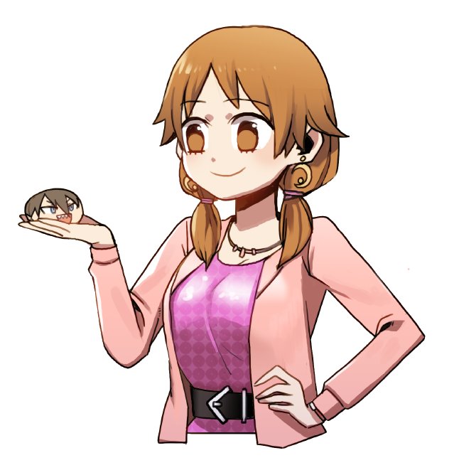 1girl, akuno_hideo, belt, breasts, brown_eyes, brown_hair, earrings, holding
