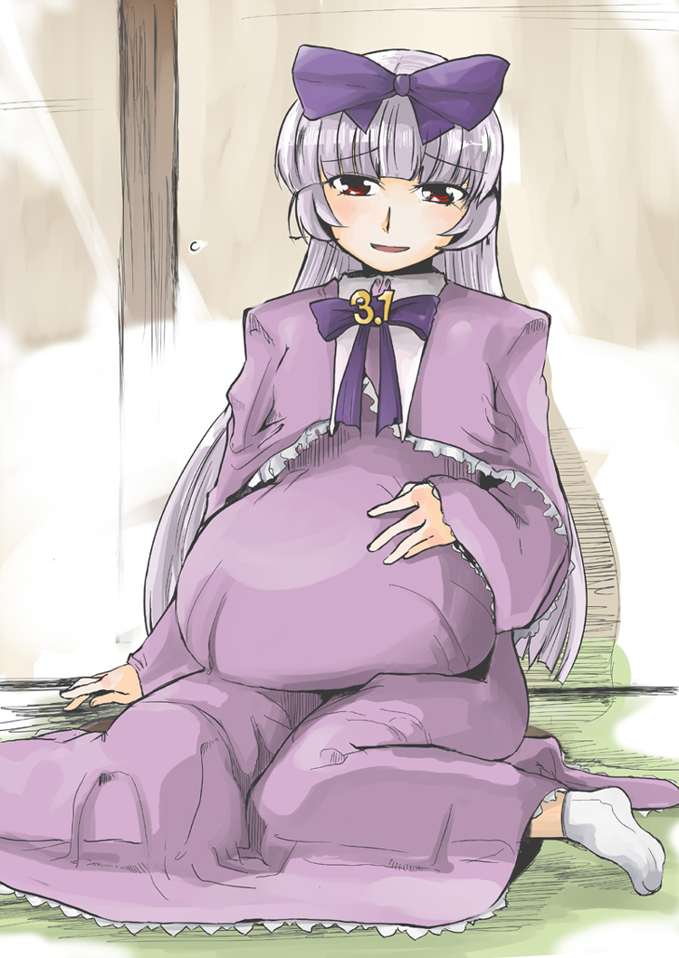 1girl, 3.1-tan, bow, character_name, dress, grey_hair, hair_bow, hand_on_own_stomach, hime_cut, indoors, legs, long_hair, looking_at_viewer, no_shoes, older, on_floor, os-tan, pregnant, purple_bow, purple_dress, sitting, solo, tabi, tatami, very_long_hair, yuumano_yuuki
