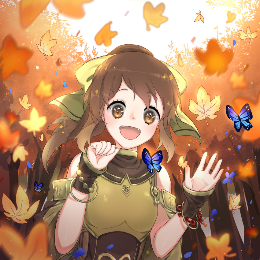 1girl, artist_name, bare_shoulders, bow, bracelet, breastplate, brown_eyes, brown_hair