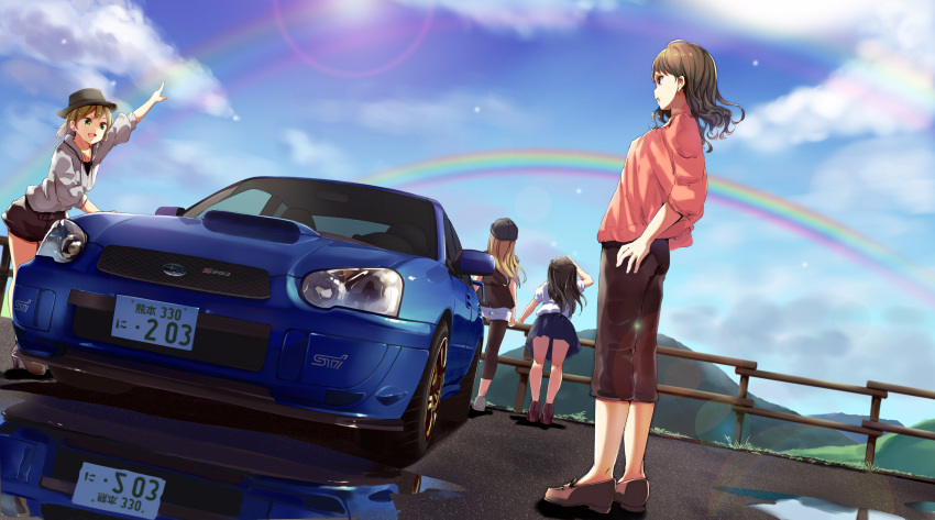 4girls, absurdres, bangs, beret, black_hair, black_hat, black_skirt, blonde_hair