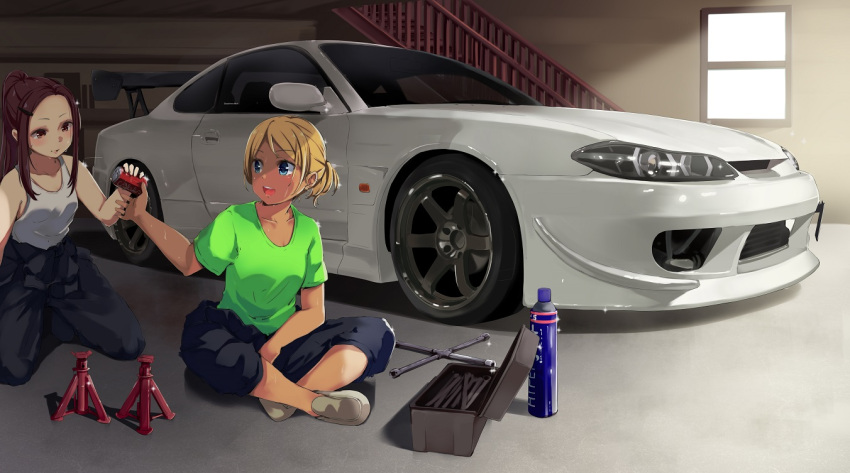 2girls, :d, blonde_hair, brown_eyes, brown_hair, can, car, closed_mouth