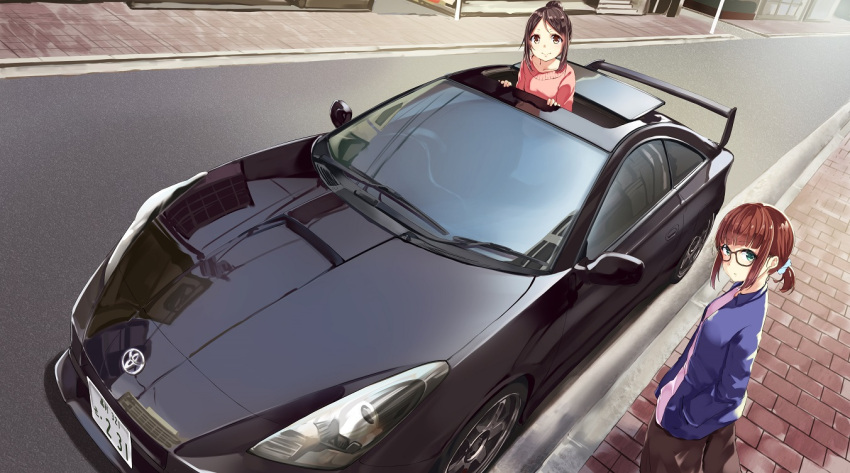 2girls, bangs, black-framed_eyewear, blue_shirt, brown_eyes, brown_hair, car, eyebrows_visible_through_hair, funyariko, glasses, green_eyes, ground_vehicle, hand_in_pocket, looking_at_viewer, motor_vehicle, multiple_girls, open_clothes, open_shirt, original, outdoors, pants, pink_shirt, pink_sweater, ribbed_sweater, shirt, sidelocks, standing, sunroof, sweater, tied_hair, toyota_celica