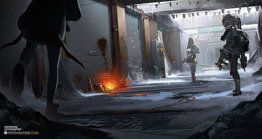 3girls, absurdres, blood, blood_stain, brown_hair, doitsu_no_kagaku, fire, gun
