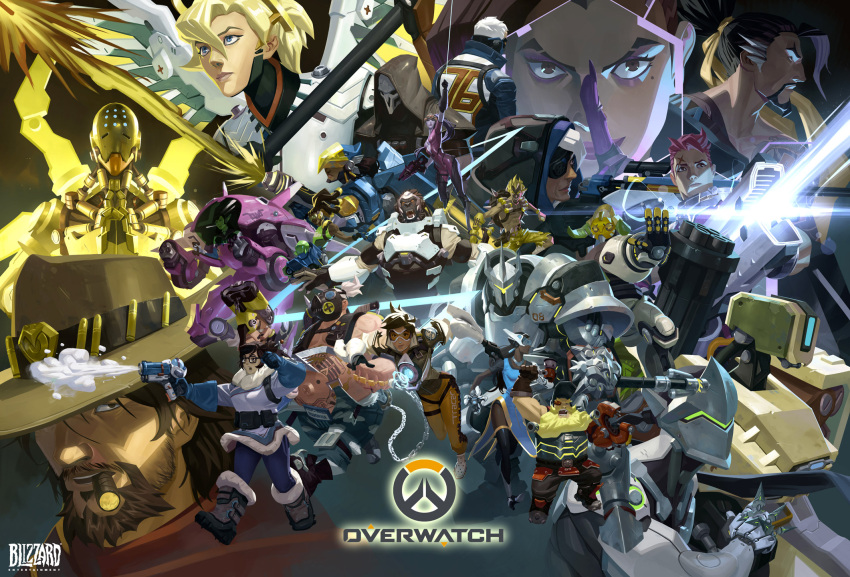 6+boys, 6+girls, ana_(overwatch), armor, bastion_(overwatch), beard, black_hair, blizzard_(company)