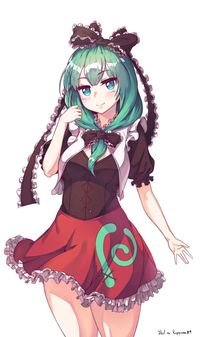 1girl, blue_eyes, blush, bodice, bow, cowboy_shot, frilled_skirt, frills