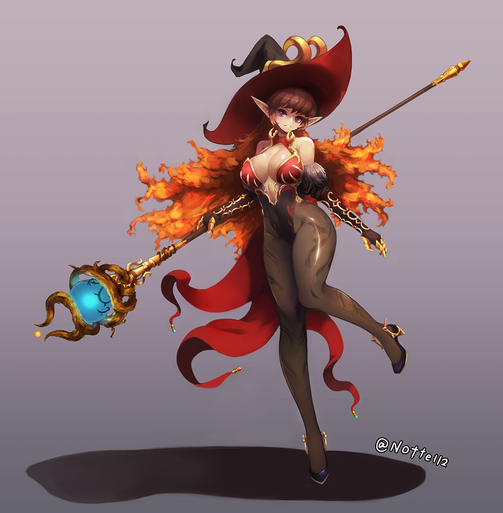 1girl, bangs, bare_shoulders, black_legwear, breasts, center_opening, dungeon_and_fighter, elbow_gloves, fiery_hair, full_body, gloves, gradient_hair, hat, large_breasts, leotard, long_hair, looking_at_viewer, multicolored_hair, notte, pantyhose, pointy_ears, print_legwear, redhead, solo, staff, standing, standing_on_one_leg, transcendent_nornil, twitter_username, violet_eyes, witch_hat