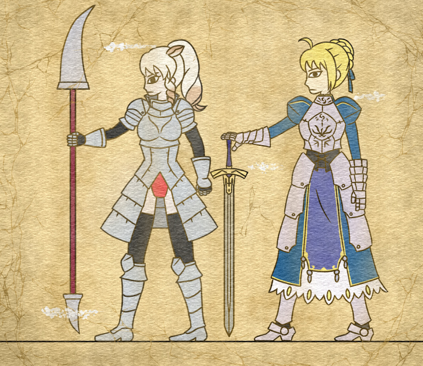 2girls, 7kita, ahoge, arm_at_side, armor, armored_boots, armored_dress, black_eyes, black_legwear, blonde_hair, blue_ribbon, boots, braid, breasts, brown_background, clenched_hand, crack, crossover, drill_hair, egyptian_art, fate/stay_night, fate_(series), from_side, full_body, gauntlets, hair_bun, hair_ribbon, hand_on_hilt, high_ponytail, highres, holding, holding_staff, holding_weapon, horns, kemono_friends, kita_(7kita), legs_apart, long_hair, long_sleeves, medium_breasts, multiple_girls, profile, puffy_long_sleeves, puffy_sleeves, rhinoceros_ears, ribbon, saber, staff, sword, thigh-highs, weapon, white_rhinoceros_(kemono_friends)