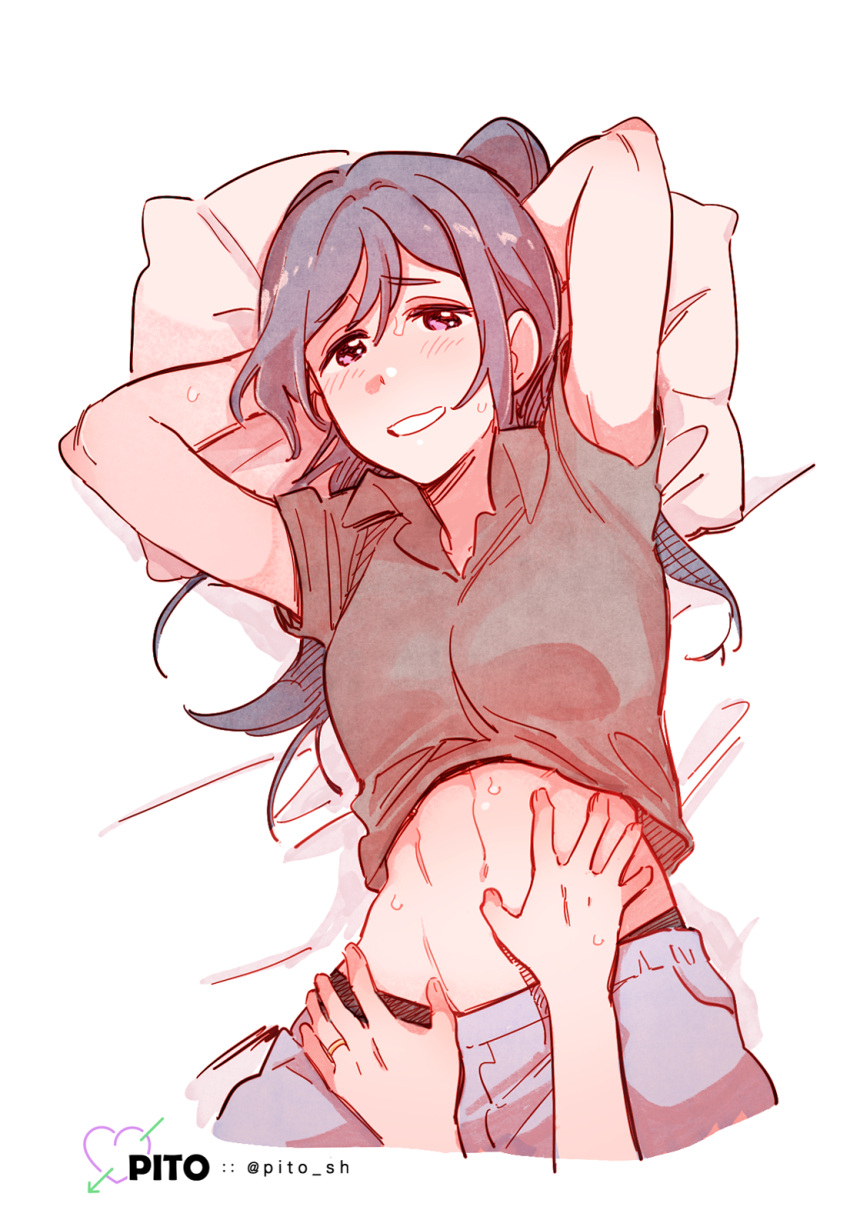 2girls, arms_behind_head, arms_up, artist_name, bed_sheet, black_shirt, blue_hair, collared_shirt