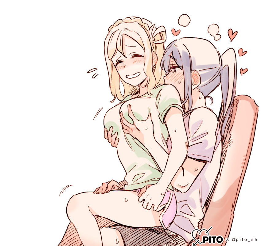 2girls, ^_^, artist_name, bangs, blush, braid, breast_grab, chair