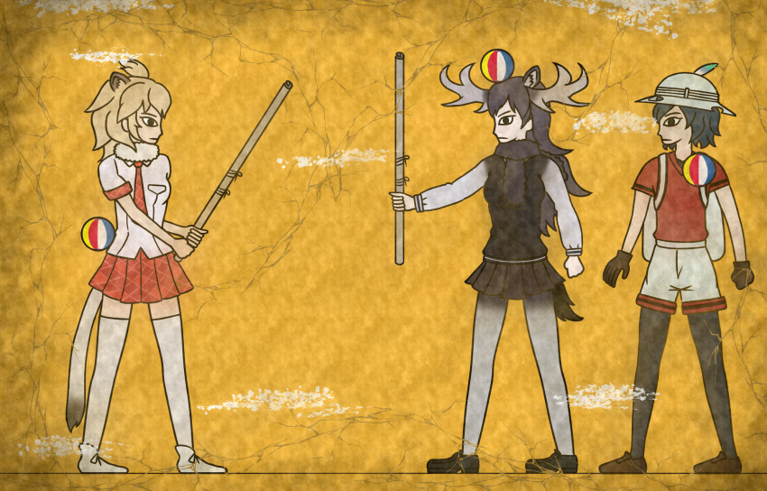 3girls, 7kita, animal_ears, antlers, backpack, bag, black_eyes, black_gloves