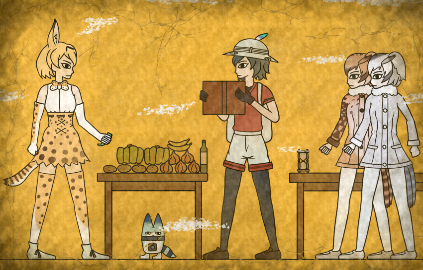 4girls, 7kita, animal_ears, backpack, bag, banana, bare_shoulders, black_eyes