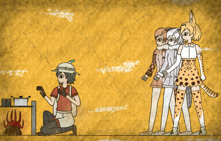 4girls, 7kita, animal_ears, backpack, bag, bare_shoulders, black_eyes, black_gloves