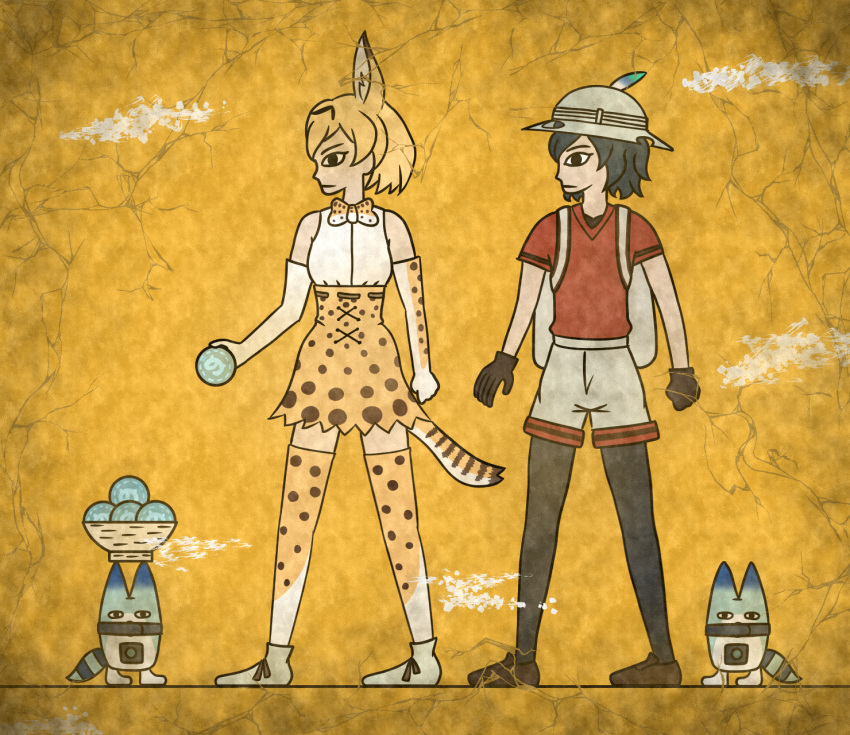 2girls, 7kita, animal_ears, backpack, bag, bare_shoulders, basket, black_eyes
