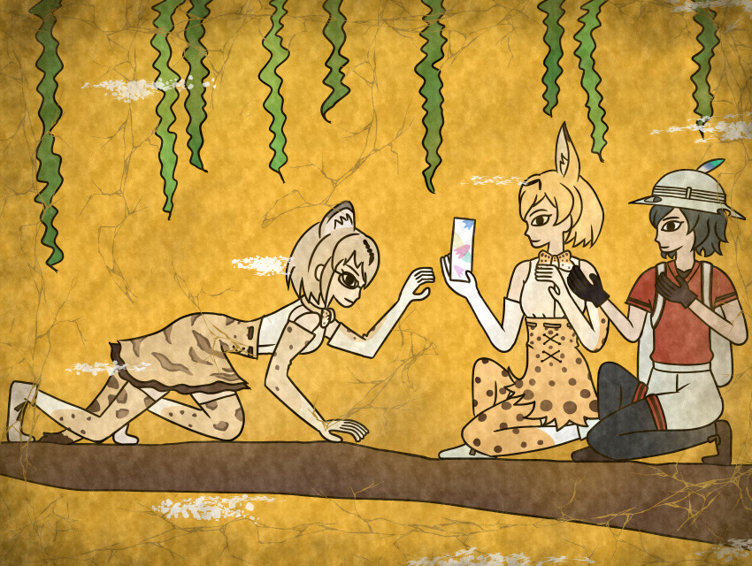 3girls, 7kita, all_fours, animal_ears, backpack, bag, bare_shoulders, belt