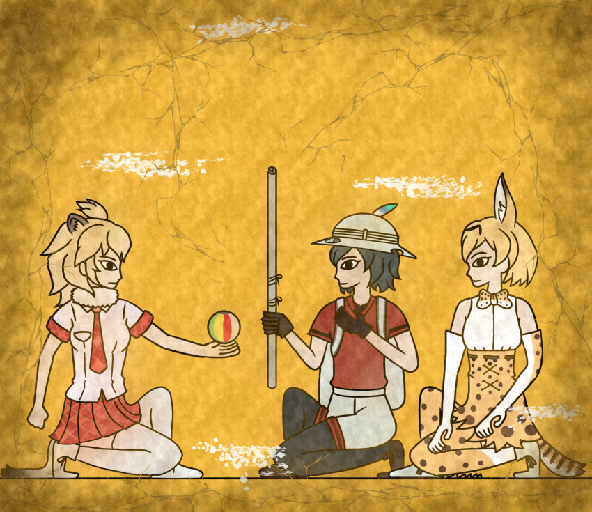 3girls, 7kita, animal_ears, backpack, bag, bare_shoulders, black_eyes, black_gloves