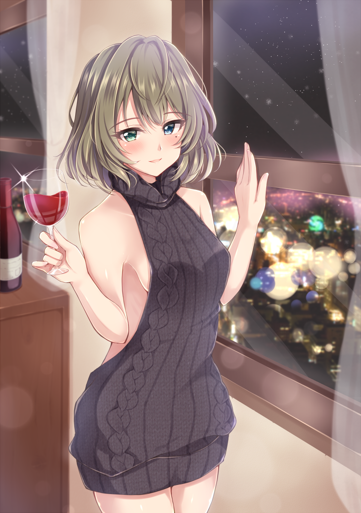 1girl, :d, alcohol, aran_sweater, backless_outfit, bangs, bare_arms, bare_shoulders