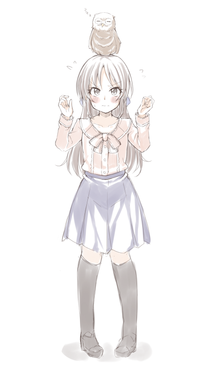 1girl, animal, animal_on_head, bangs, bird, black_legwear, black_shoes, blue_bow