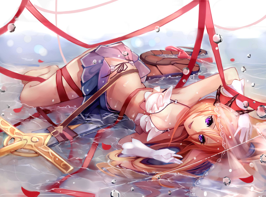 1girl, absurdres, arm_up, barefoot, bikini, blue_skirt, bokujuu, breasts