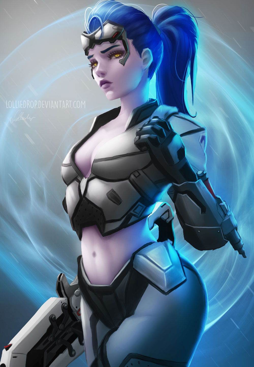 1girl, alternate_costume, blue_hair, breasts, cleavage, clenched_hand, commentary, cowboy_shot