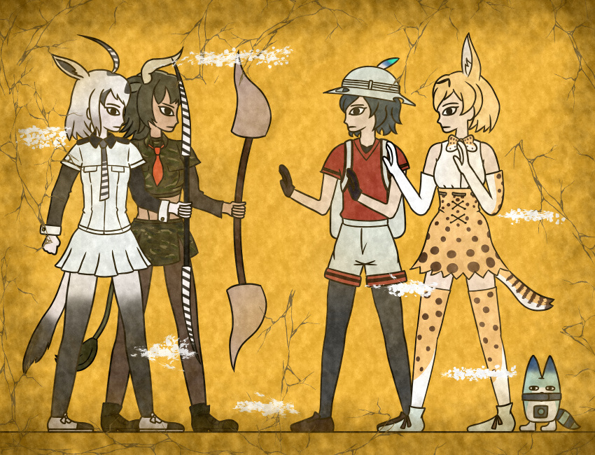4girls, 7kita, animal_ears, arabian_oryx_(kemono_friends), aurochs_(kemono_friends), backpack, bag, bare_shoulders