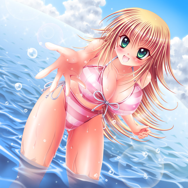 bare_shoulders, beach, bikini, blonde_hair, breasts, dark_magician_girl, dutch_angle, green_eyes