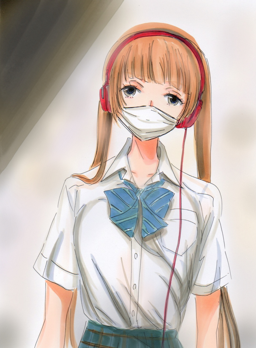 arisugawa_nino, blue_eyes, bow, bowtie, brown_hair, commentary_request, face_mask, fukumenkei_noise