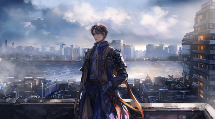 1boy, 38ban, armor, brown_hair, building, cityscape, clouds, cloudy_sky