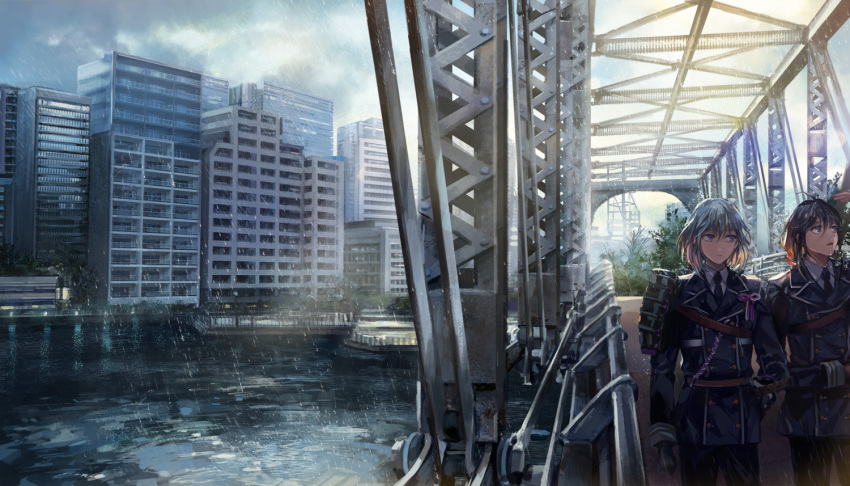 2boys, 38ban, armor, black_hair, bridge, building, city, honebami_toushirou, japanese_armor, male_focus, military, military_uniform, multiple_boys, namazuo_toushirou, necktie, open_mouth, rain, sode, touken_ranbu, uniform, violet_eyes, walking, water, white_hair