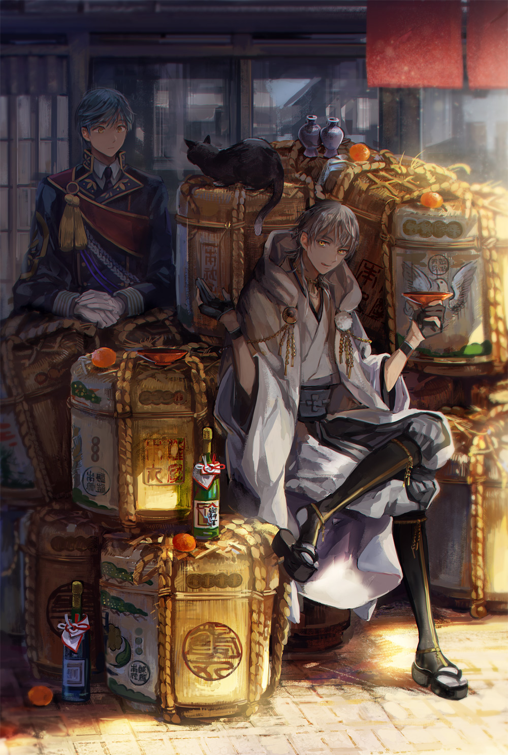2boys, 38ban, :q, aqua_hair, barrel, black_cat, black_gloves, bottle