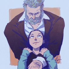 1girl, blue_background, blue_jacket, brown_hair, father_and_daughter, jacket, laura_kinney, logan_(movie)