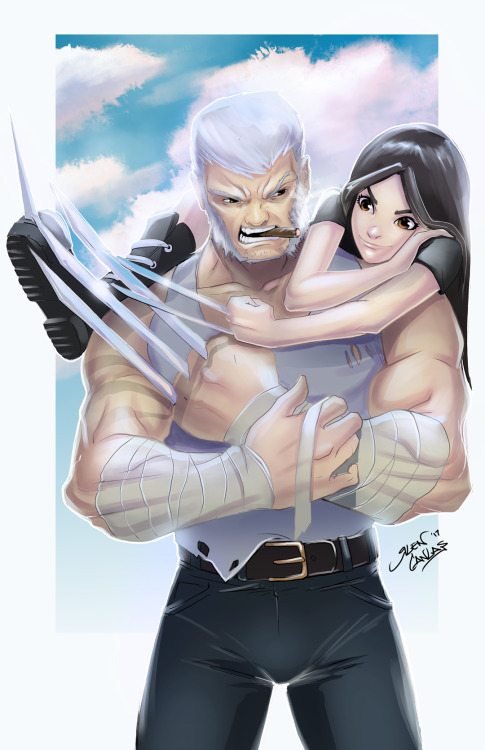 1girl, bangs, brown_hair, claws, facing_viewer, father_and_daughter, laura_kinney, logan_(movie)