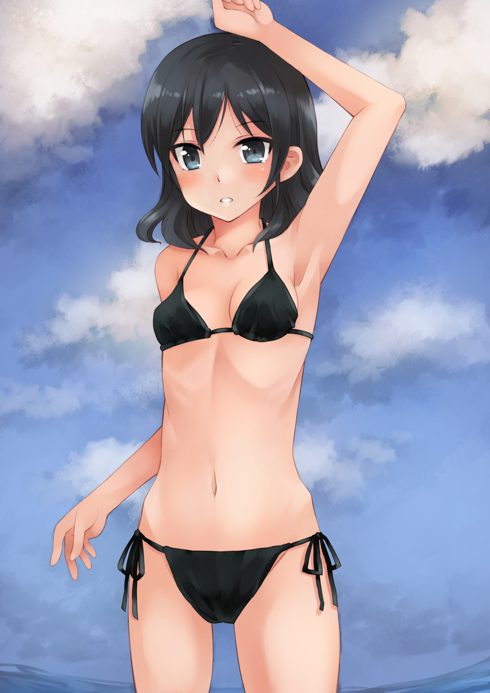 1girl, akemiho_tabi_nikki, bikini, black_hair, blue_eyes, clouds, fukube_fuuna, highres, kouno_hikaru, long_hair, looking_at_viewer, solo, standing, swimsuit