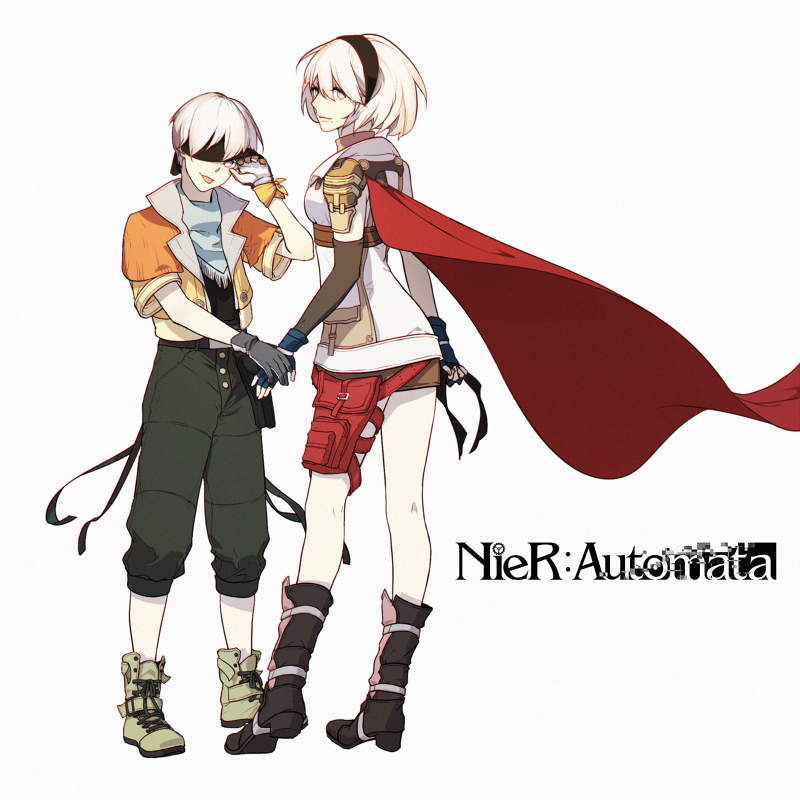 1boy, 1girl, black_hairband, blindfold, cape, company_connection, cosplay, couple, covered_eyes, final_fantasy, final_fantasy_xiii, full_body, gloves, hairband, hope_estheim, hope_estheim_(cosplay), lightning_farron, lightning_farron_(cosplay), looking_at_viewer, mole, mole_under_mouth, nier_(series), nier_automata, short_hair, skirt, smile, square_enix, white_hair, yorha_no._2_type_b, yorha_no._9_type_s