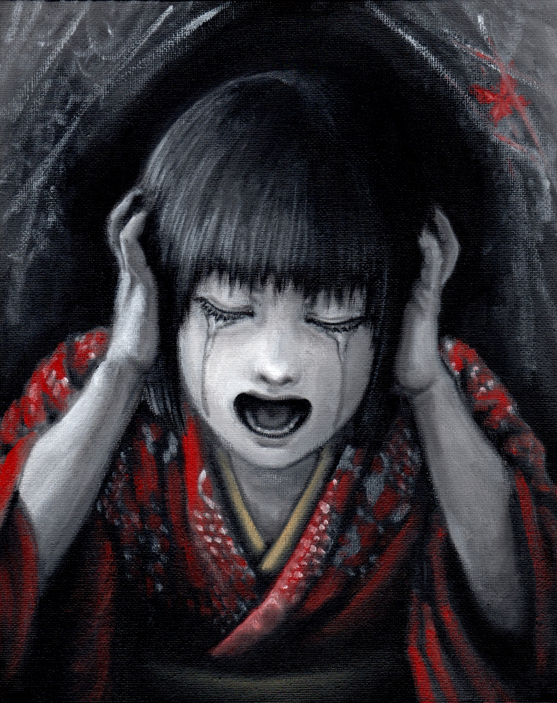 1girl, black_hair, bob_cut, closed_eyes, covering_ears, crying, fatal_frame_2, head_tilt