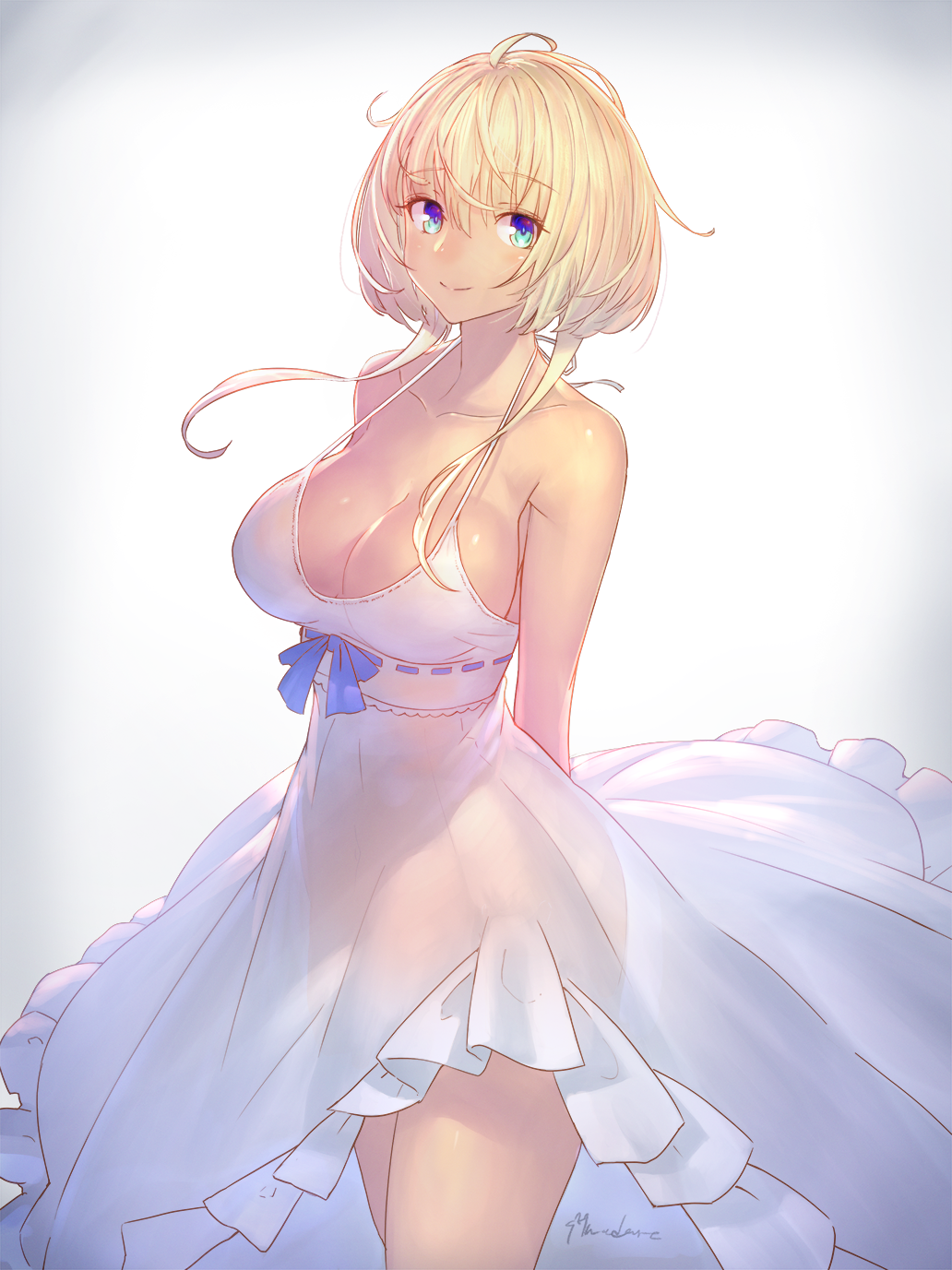 1girl, arm_behind_back, bare_arms, bare_shoulders, blonde_hair, blue_eyes, breasts, collarbone