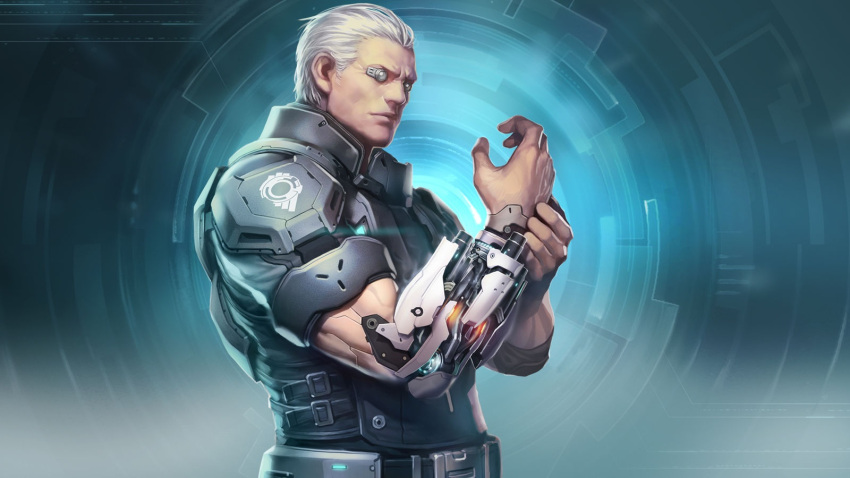 1boy, arm_cannon, armor, artificial_eyes, backlighting, batou, belt, closed_mouth, collar, cyberpunk, cyborg, emblem, ghost_in_the_shell, ghost_in_the_shell_stand_alone_complex, highres, lips, looking_at_viewer, male_focus, realistic, science_fiction, short_hair, short_sleeves, shoulder_pads, tataar, uniform, upper_body, very_short_hair, weapon