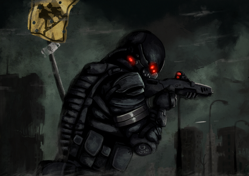 1boy, aiming, androth, armor, bullpup, city, dark, elbow_pads
