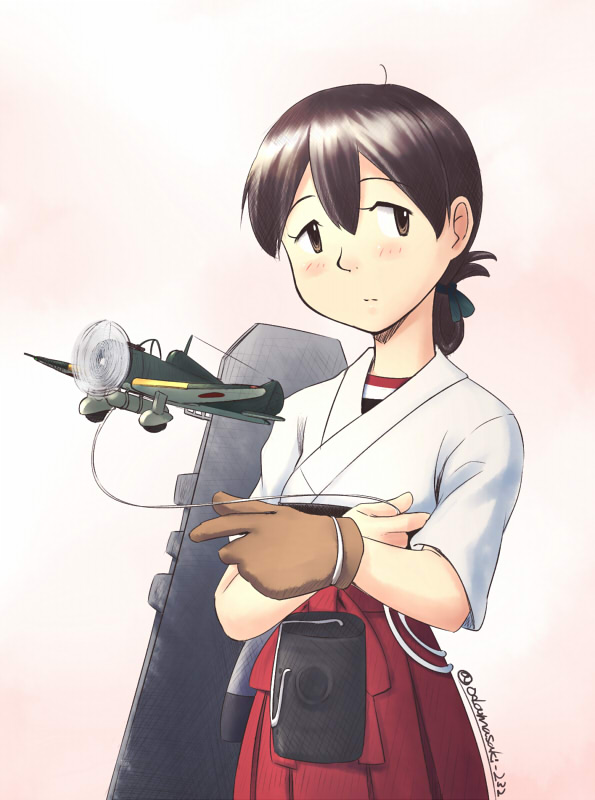 1girl, aircraft, airplane, black_hair, brown_eyes, cowboy_shot, flight_deck, folded_ponytail