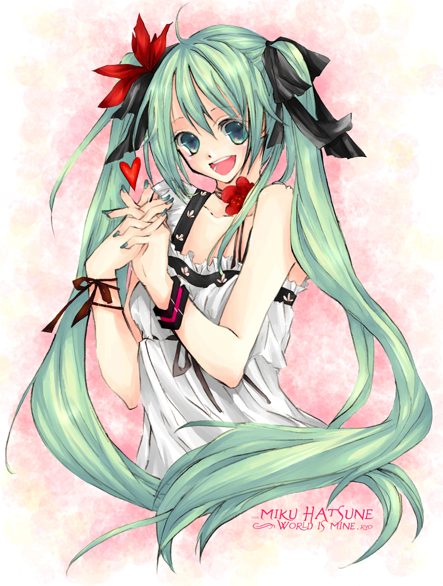 green_hair, hair_ribbon, hair_ribbons, hands_clasped, hatsune_miku, highres, long_hair, ribbon
