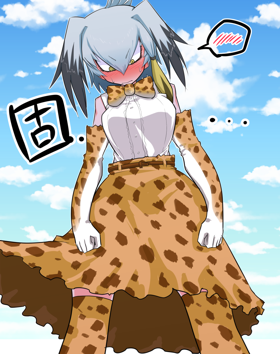 1girl, black_hair, blush, bow, bowtie, breasts, cosplay, elbow_gloves, eyebrows_visible_through_hair, gloves, grey_hair, kemono_friends, low_ponytail, multicolored_hair, nuka_cola06, serval_(kemono_friends), serval_(kemono_friends)_(cosplay), serval_print, shirt, shoebill_(kemono_friends), short_hair, side_ponytail, skirt, sleeveless, solo, spoken_blush, yellow_eyes