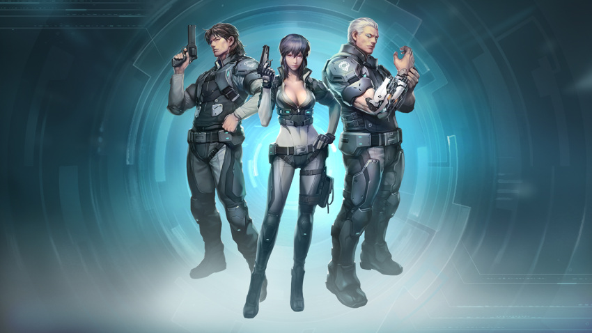1girl, 2boys, arm_cannon, armor, backlighting, batou, belt, black_gloves, body_armor, bodysuit, boots, breasts, brown_hair, bulletproof_vest, cleavage, closed_mouth, collarbone, covered_navel, cyberpunk, cyborg, fingerless_gloves, full_body, ghost_in_the_shell, ghost_in_the_shell_stand_alone_complex, gloves, gun, hand_on_hip, handgun, holding, holding_gun, holding_weapon, holster, knee_pads, kusanagi_motoko, looking_at_viewer, mateba_model_6_unica, medium_breasts, mullet, multiple_boys, muscle, pistol, pouch, purple_hair, realistic, revolver, science_fiction, serious, short_hair, shoulder_pads, silver_hair, skin_tight, standing, tataar, thigh_strap, togusa, underbust, vest, weapon