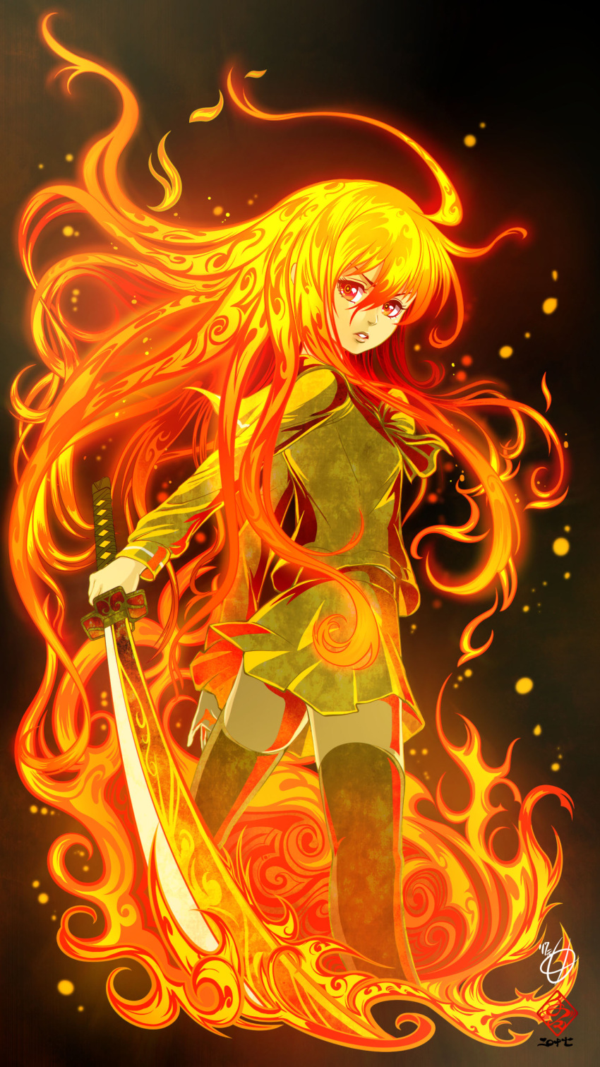 1girl, absurdres, black_background, black_legwear, embers, flaming_hair, from_behind, green_serafuku