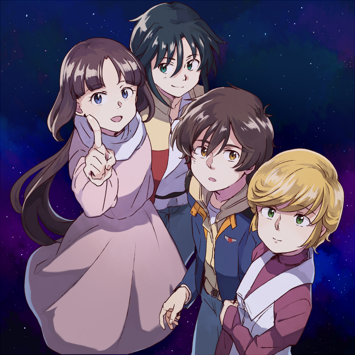 2boys, 2girls, after_war_gundam_x, anko_(w-anco), audrey_burne, banagher_links, blue_eyes, brown_eyes