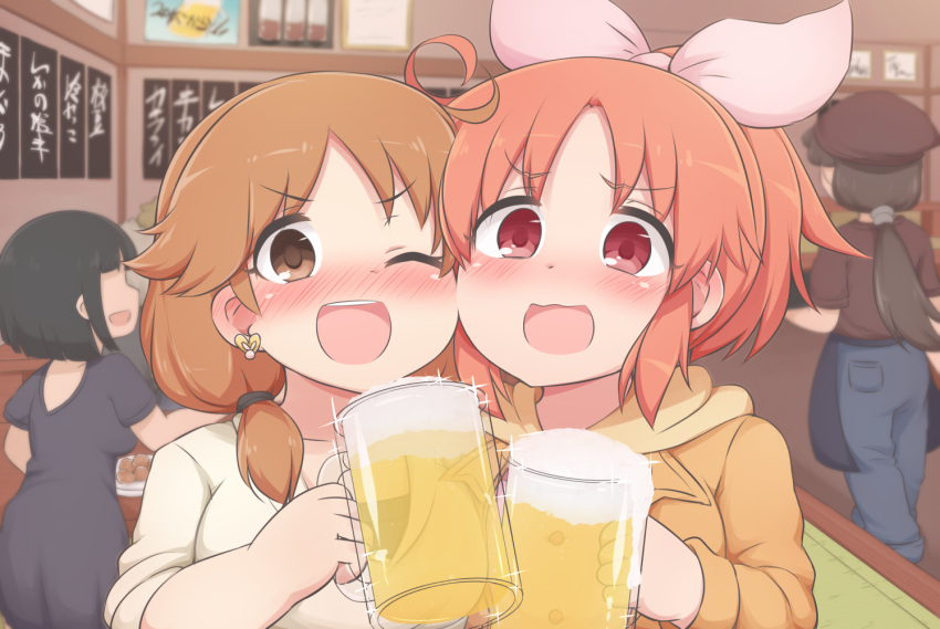 >;d, 4girls, :d, ;d, abe_nana, ahoge, alcohol, apron