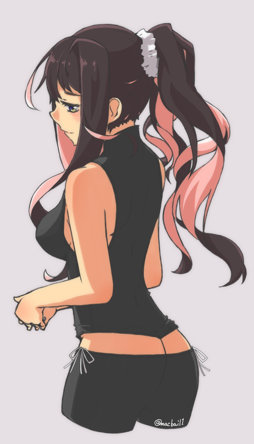 1girl, alternate_costume, alternate_hairstyle, ass, black_hair, butt_crack, fingers_together, from_side, grey_background, highres, kantai_collection, long_hair, looking_down, lowleg, lowleg_shorts, macbail, multicolored_hair, naganami_(kantai_collection), pink_hair, ponytail, scrunchie, shorts, side-tie_shorts, simple_background, sleeveless, solo, twitter_username, two-tone_hair, wavy_hair, white_scrunchie, yellow_eyes